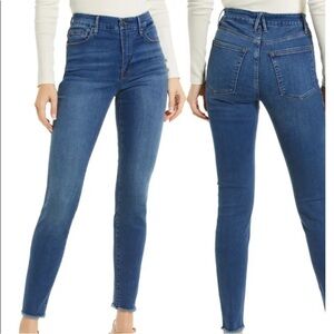 Good American Good Legs High Rise Blue Skinny Jeans Frayed Hem